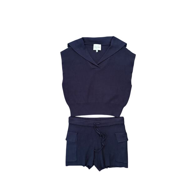 NWOT Navy Blue Knit Set Drawstring Shorts w/ Pockets Collared Knit Top - xs - Picture 1 of 6